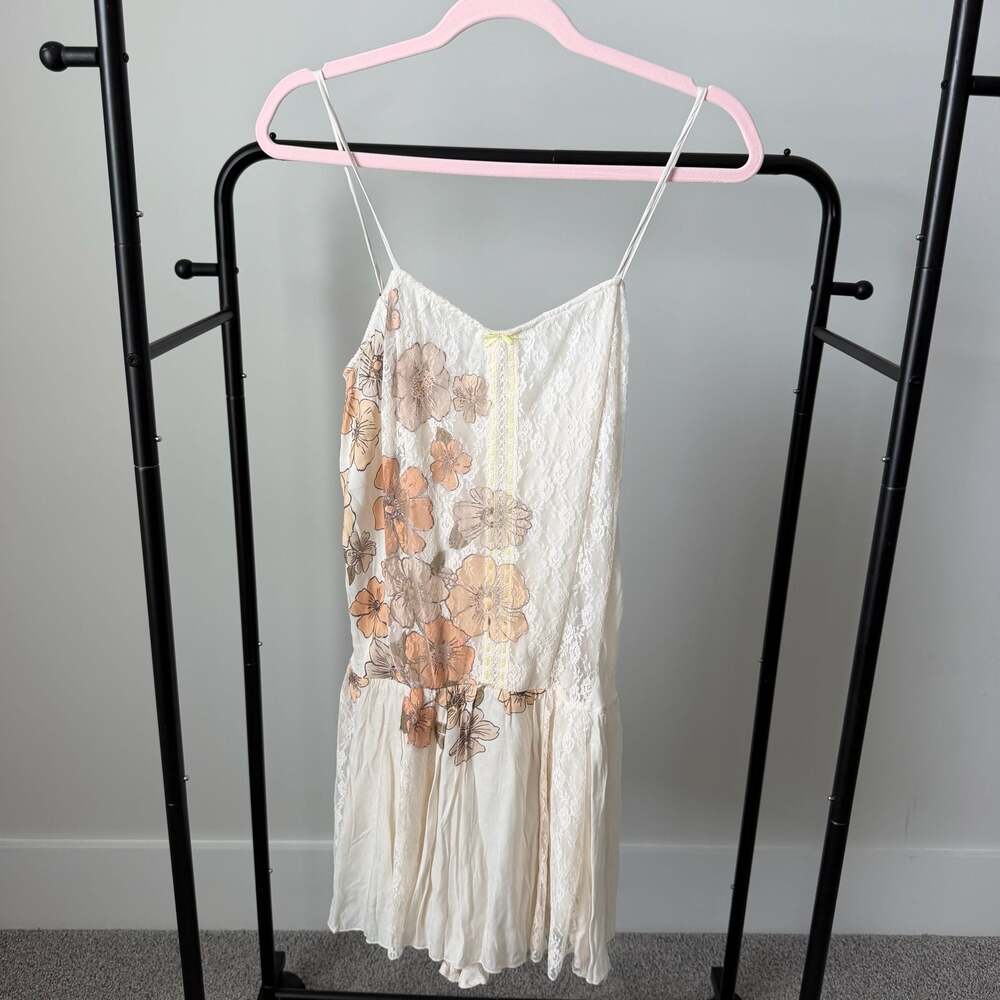 Free People Floral Printed Lace Romper Sandy Tan Combo Size XL